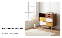 Wooden Sideboard with Sliding Doors Solid Wood Color Block Storage Cabinet Space Saving Mid-Period Modern Sideboard for Living Room, Hallway, Kitchen