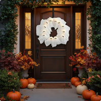 Light-up Ghost Wreath Spooky Halloween Wreath with Lights Pre-Lit Hanging Decoration Indoor Outdoor for Window