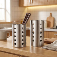 Cutlery Holder and Knife Holder, Stainless Steel Cutlery Organiser with Utensil Drainer, Cylindrical Kitchen Storage with a Raised Base Sink Tidy