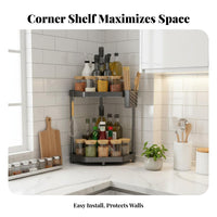 Space Saving Tiered Corner Shelf No-Drill Installation Adjustable Corner Organizer Includes Hooks Countertop Rack Easy Assembly for Home Cooks, Apartment Dwellers, Kitchen, Coffee Station, Bathroom, Cabinet Interior