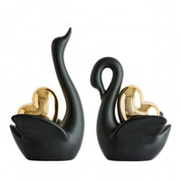 Tall and Short Set Ceramic Swan Figurine Gold Accent Ceramic Swan Decor Matte Decorative Ornament Pair for Living Room, Entryway, Wine Cabinet