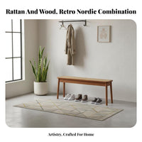 hardwood Wood Frame Woven Top Wooden Bench Japanese aesthetic Woven Top Bench Retro Design Long Stool Minimalist Aesthetic for Interior Designers, Homeowners, Families, Entryway, Bedroom, Dining Room