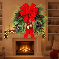 Christmas Wreath with Bow Festive Christmas Wreath with Bells Holiday Door Hanger for Entryway, Fireplace