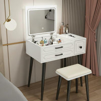 Hinged Lid Vanity Table Space Saving Dressing Table with Mirror and Stool Bedroom Furniture for Women