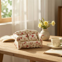 Floral Dollhouse Double Sofa Upholstered Miniature Sofa with Pillows Handmade Dollhouse Couch Set Detailed for Collectors