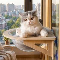 Cat Window Perch with Clear Acrylic Bowl, Solid Wood Hammock and Bed for Indoor Use, No Drill Furniture Space Saving Ragdoll Cat Perch Design
