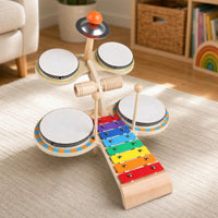 Wooden Percussion Table Multifunctional Music Station Toddler-Friendly Musical Toy with Cymbals Educational for Toddlers, Kids, Beginners, Playroom, Preschool, Nursery