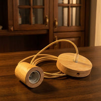 Desk Lamp and Table Lamp Base in Wood, Pendant Light Fitting with E27 Lamp Bulb, 1m Woven Cord for Kitchen Lighting, DIY Square Bulb Holder Base