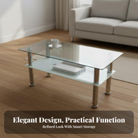 1 Piece Glass Top Table 2-tier Coffee Table Minimalist Layered Glass Stainless Steel Legs Easy Maintenance Suitable for Homeowners Families Small Areas Living Room Office
