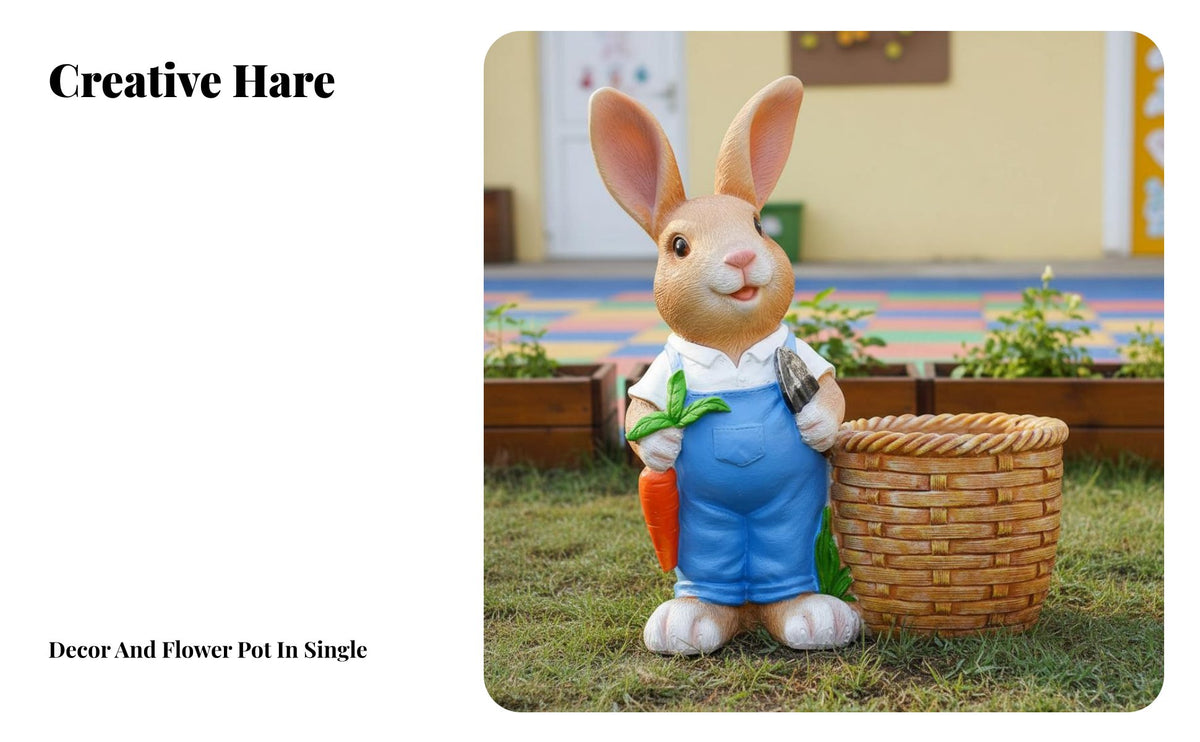 Hare Statue Planter Fiberglass Bunny Flower Pot Weather-Resistant Bunny Planter Figurine for Kids, Gardeners, Balcony, Patio, Kindergarten