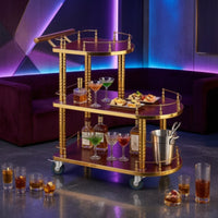 3-Tier Serving Cart Gold-Toned Oval Service Cart Wooden for Lodging Managers