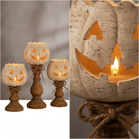 3 Pieces Festive Pumpkin Tealight Holder with Pedestal Decorative Jack-O'-Lantern Tealight Holder Spooky Decor Cozy for Mantel