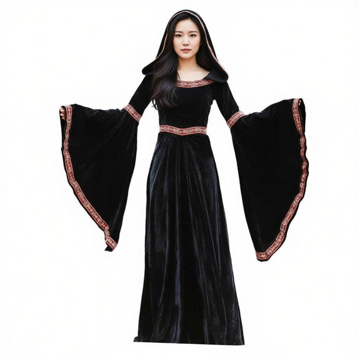 Parent-Child Matching Medieval Witch Costume Retro Castle Design Hooded Dark Noble Gown Flared Sleeves Gothic Velvet Dress Floor Length for Families, Children, Cosplay Events, Themed Parties, Theatrical Productions, Stage Performances