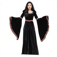 Parent-Child Matching Medieval Witch Costume Retro Castle Design Hooded Dark Noble Gown Flared Sleeves Gothic Velvet Dress Floor Length for Families, Children, Cosplay Events, Themed Parties, Theatrical Productions, Stage Performances