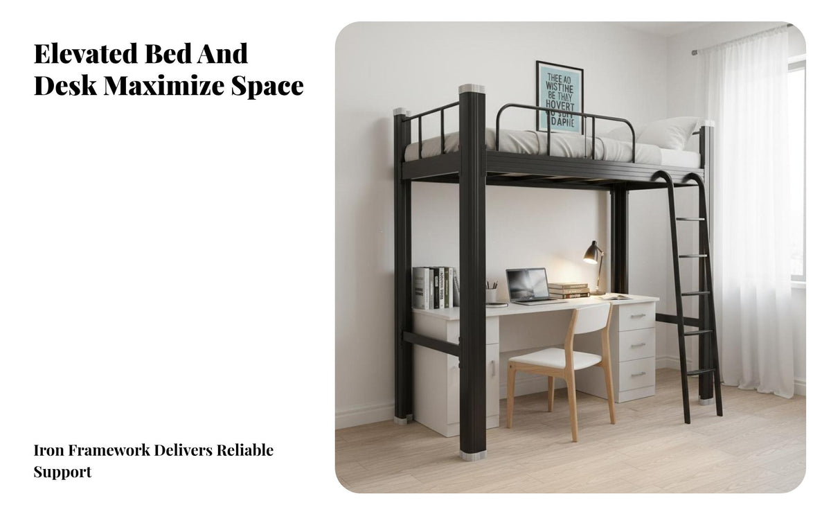 Loft Bed with Desk and Wardrobe Multi-Functional Loft Bed with Desk and Storage Raised Rail for Students, Teenagers, Dorm Room, Apartment