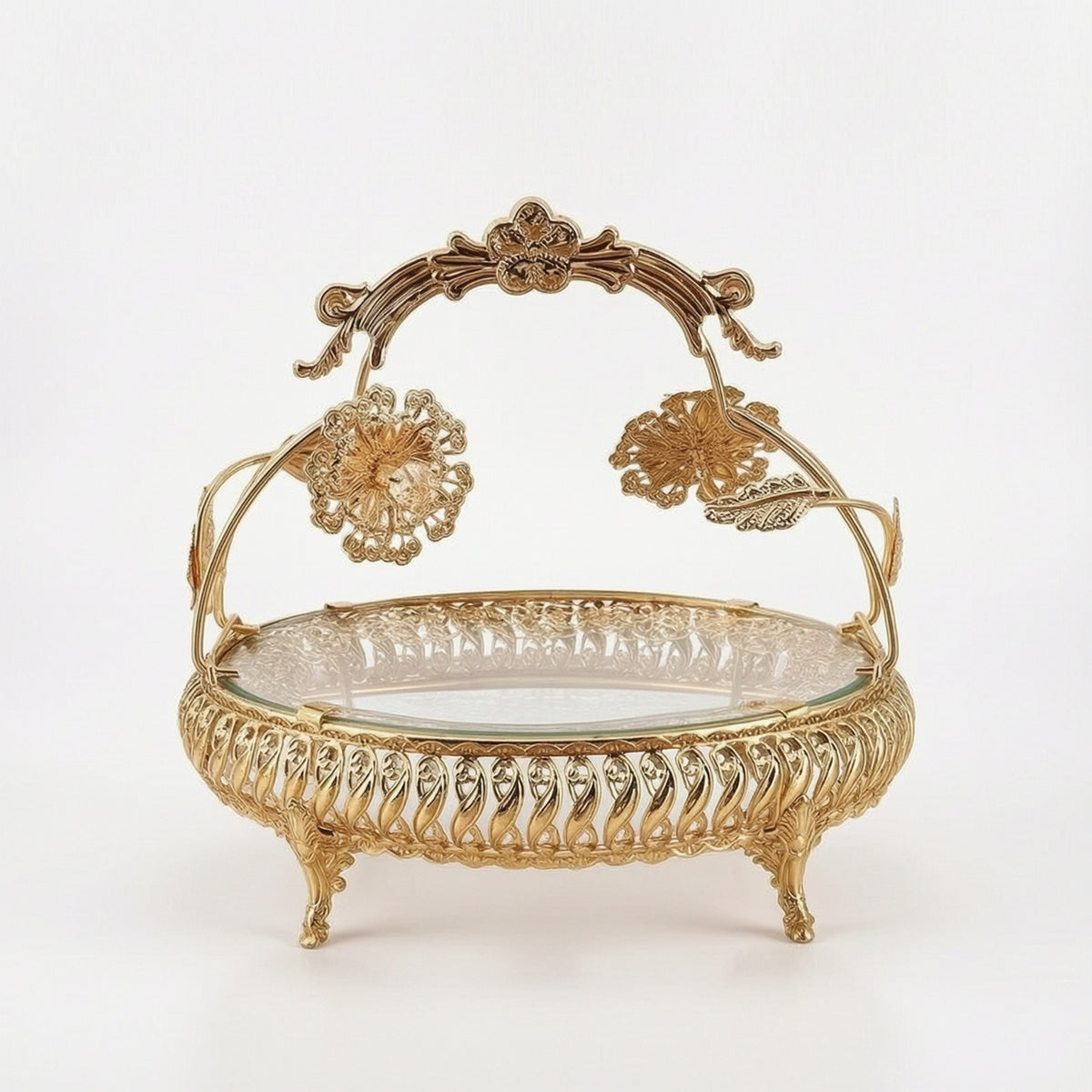 European-Style Glass Fruit Tray with Metal Frame Ornate Decorative Serving Tray with Handle Footed Clear for Home Decorators, Hosts, Tea Table, Hotel Reception