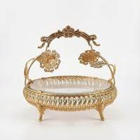 European-Style Glass Fruit Tray with Metal Frame Ornate Decorative Serving Tray with Handle Footed Clear for Home Decorators, Hosts, Tea Table, Hotel Reception