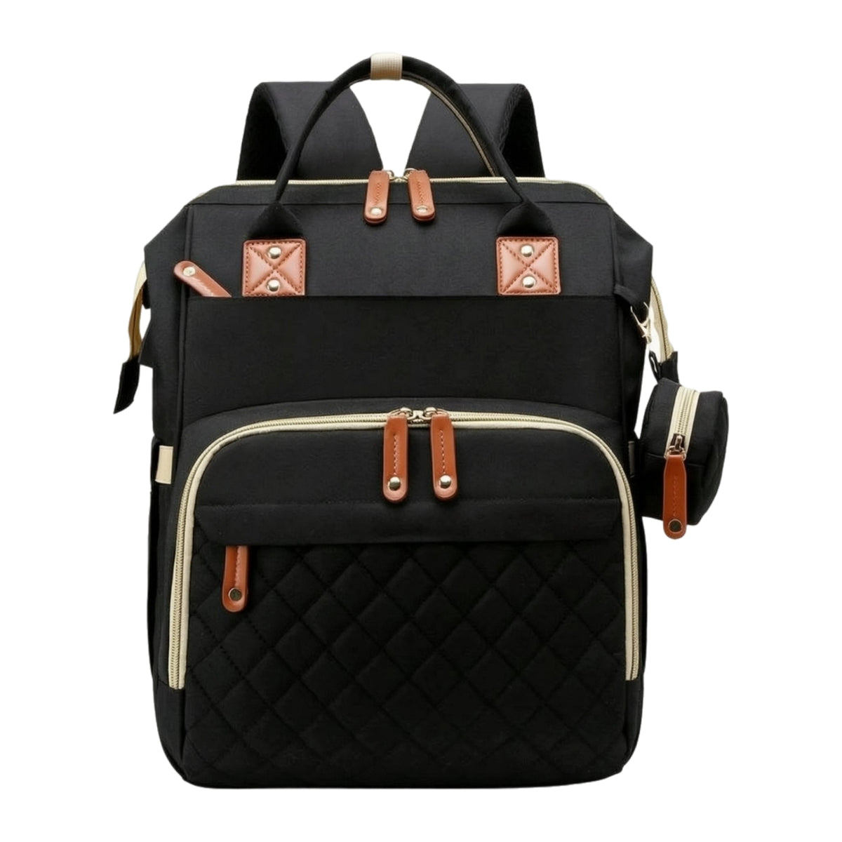 Faux Leather Trim Woven Diaper Backpack Quilted Panel Rectangular Diaper Backpack Top Carry Handle Carryall Multiple Compartments