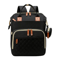 Faux Leather Trim Woven Diaper Backpack Quilted Panel Rectangular Diaper Backpack Top Carry Handle Carryall Multiple Compartments