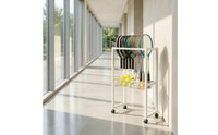 Mobile Racket Holder with Basket Easy to Move Rolling Racket Stand Multi-Functional Sports Equipment Storage Cart Versatile for Coaches, Schools, Players, Gyms, Home Garage