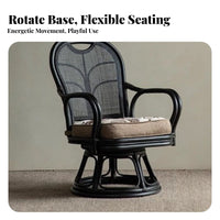 Ergonomic Backrest Japanese Design Leisure Chair Lightweight Rattan Swivel Chair Reversible Cushion Wicker Armchair No Assembly Required for Adults, Homeowners, Design Enthusiasts, Tea Room, Balcony, Sunroom, Bedroom