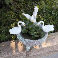 Planter with Bird Figurines Rustic Footed Planter Bowl Stone Look Centerpiece Bowl for Gardeners