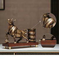 Pen Holder with Bull Statue Decorative Bull Statue Pen Cup Desk Organizer Metal-Finish Sculptural for Collectors, Office, Study