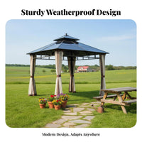 Weather Resistant Four-Post Hardtop Gazebo Sun Protection Hardtop Shelter with Curtains Long-Lasting Garden Pavilion Vented Double Roof for Homeowners, Families, Business Owners, Backyard, Courtyard, Patio, Poolside