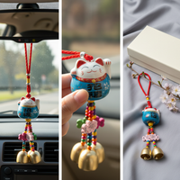 Lucky Cat Ceramic Car Rearview Mirror Charm with Bell