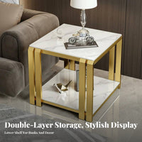 Light Luxury Design 2-Tier Square Side Table Double-Layer Storage 2-Tier Side Table Easy Assembly Gold Frame Nightstand Scratch-Resistant for Interior Designers, Apartment Dwellers, Gift Givers, Living Room, Bedroom, Office, Reception Area