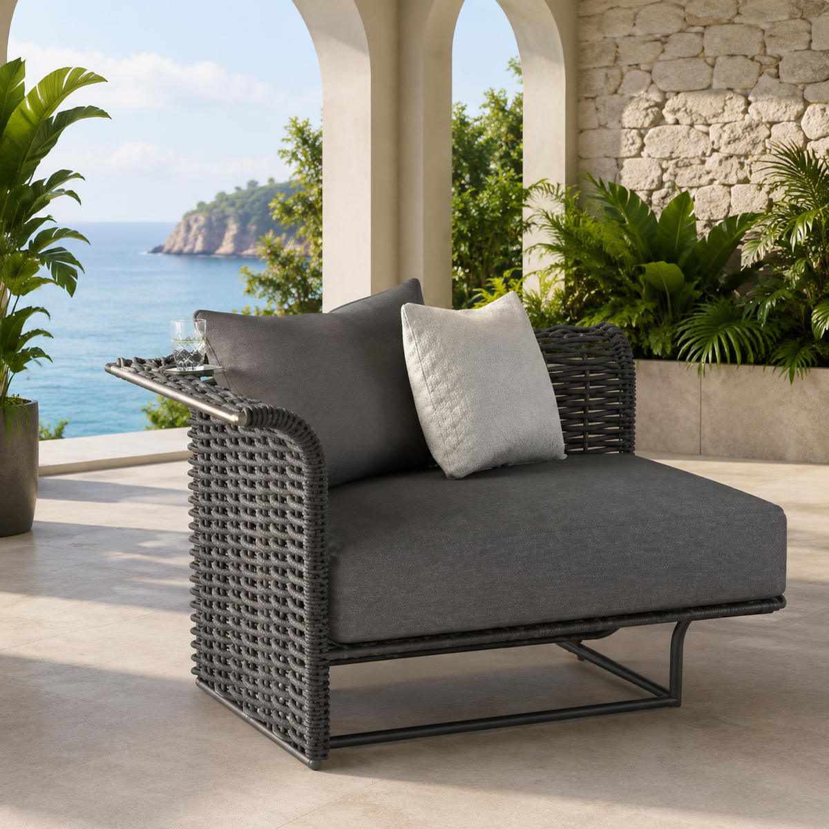 PE Rattan Garden Sofa, With Cushion, 85cm Width, Outdoor, Garden Furniture Set, Dark Green
