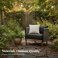 sturdy Wood Frame Woven Armchair All-Weather Design paded Armchair and Table Set Thick pads Patio Seating Modern Minimalist aesthetic for Villa Residents, Garden lovers, Balcony, Sunroom, rearyard, Waterside
