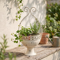 Pedestal Flower Pot Vintage Arched Flower Planter with Hanger Distressed Planters Metal for Homeowners, Patio, Porch