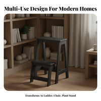 Foldable Convertible Ladder Chair Solid Wood Wooden Folding Step Stool Multi-Functional 4-Step Wooden Stepladder Multifunctional for Homeowners, Seniors, Book Lovers, Indoor, Kitchen, Living Room, Office