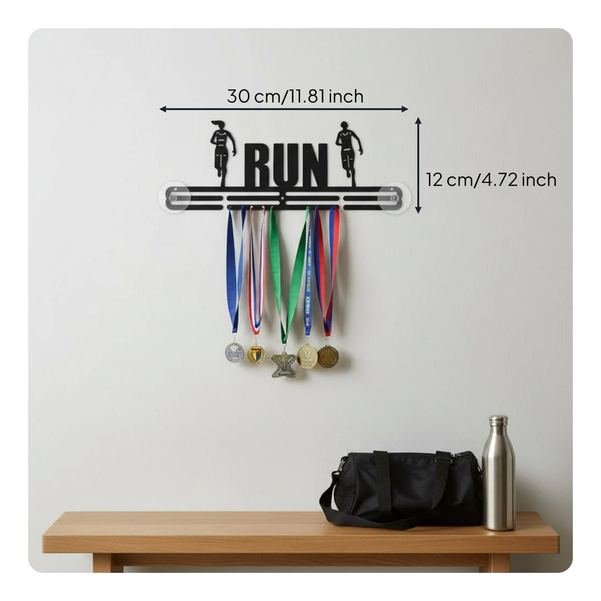 No-Drill Installation Wall Mounted Medal Hanger Sturdy Metal Construction Sports Medal Display Rack Powder-Coated Finish Running Memorabilia Holder Motivational Design for Runners, Athletes