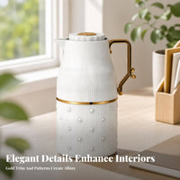Floral Embossed Insulated Container Jug Ribbed Hot Water Jug Gold-Tone Trim Tea Server Side Handle