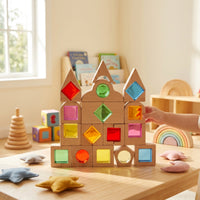 Wooden Building Toy with Acrylic Inserts Stackable Sensory Blocks with Colored Openings Burr Geometric Blocks for Kids, Playroom