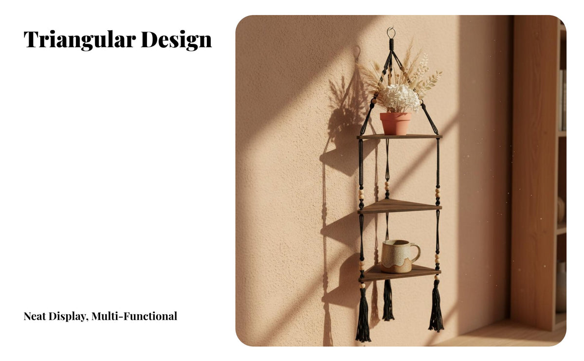 Bohemian Design Macrame Corner Rack Hand-Woven Macrame Corner Hanger Space-Saving Plant Holder Multi-Tiered for Home Decorators, Apartment Dwellers, Pet Owners, Living Room, Bedroom, Balcony, Bathroom