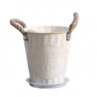 Embossed Plaque Iron Flower Pot Rope Handles Ribbed Planter Drainage Hole Container Planter Round for Home, Office