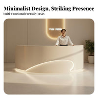 Modern Curved-Shaped Front Desk High-Gloss Coating Finish Curved Reception Desk Lockable Drawer Illuminated Reception Counter for Hotel Lobby, Spa