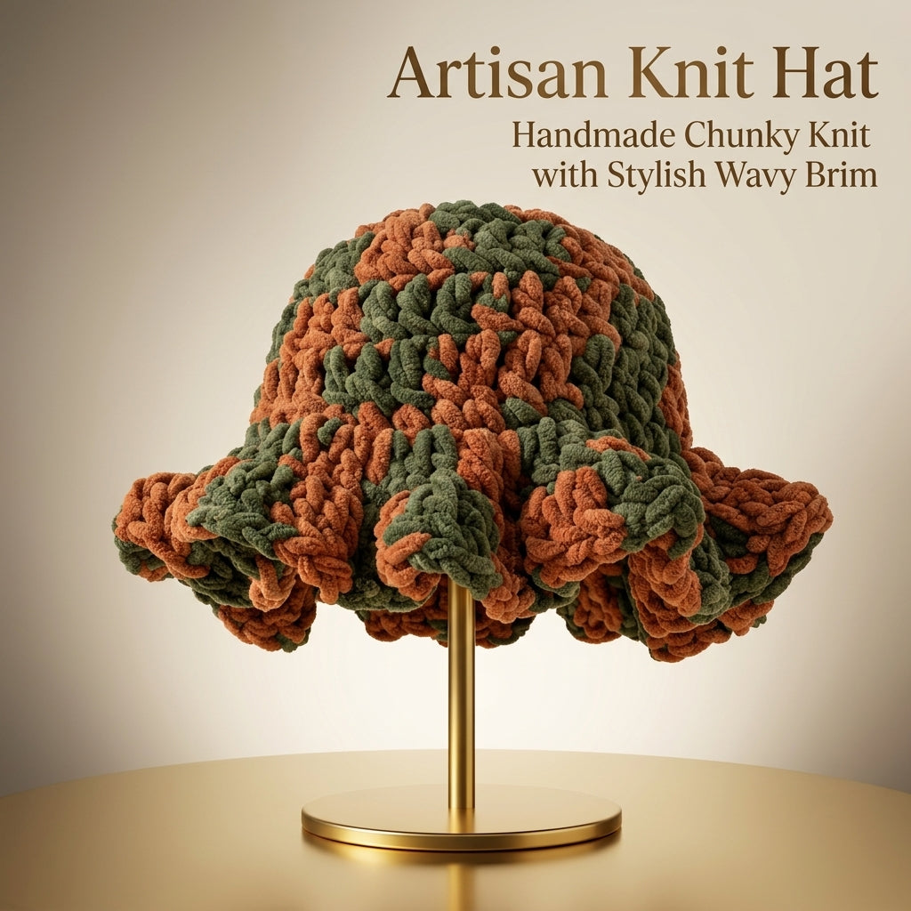 Chunky Yarn Handmade Crochet Bucket Hat for Women Winter Warm Fisherman Cap, Ladies Fashion with Wavy Ruffle Brim for Autumn