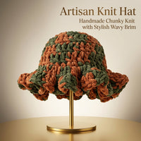 Chunky Yarn Handmade Crochet Bucket Hat for Women Winter Warm Fisherman Cap, Ladies Fashion with Wavy Ruffle Brim for Autumn