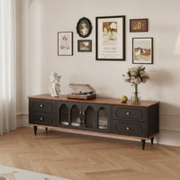 TV Cabinet with Glass Doors Throwback Media Center Stand with Glass Doors Walnut Credenza for Living Room, Apartment