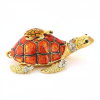 Mother and Child Tortoise Box Hand-Painted Enamel Jeweled Turtle Figurine