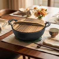 Frying Pan for Stir Fry and Griddle Pan Meals, Large Cast Iron Wok with Wood Lid and Handles, Heavy Duty Cooking Pot