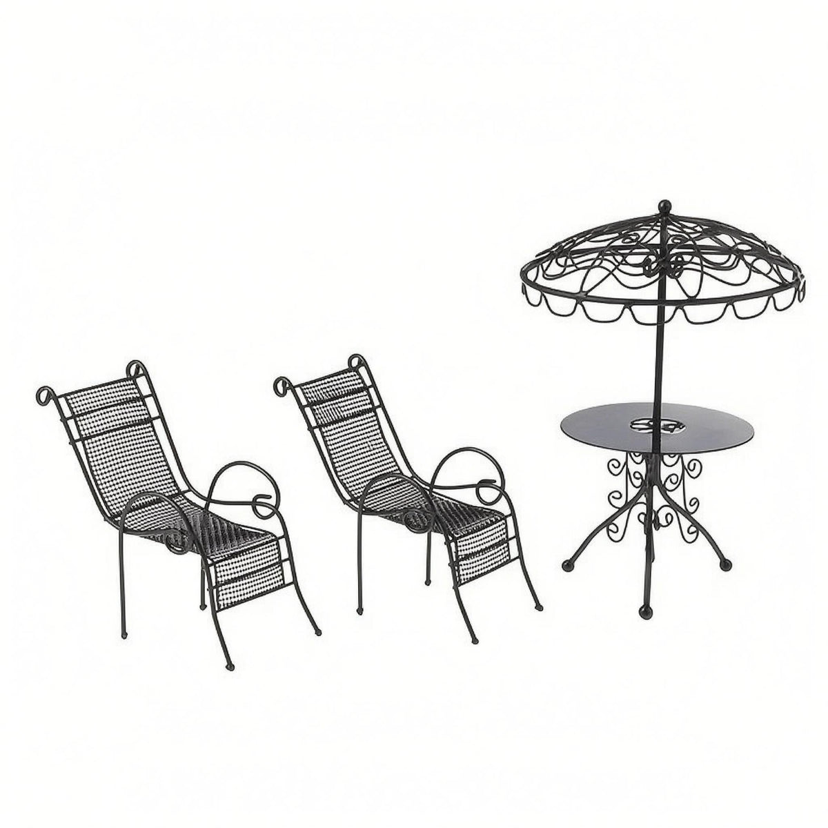 Umbrella Top Top Dollhouse Patio Furniture Mesh Seats Miniature Metal Patio Set Reclining 1:12 Dollhouse Table Chair Set Scrollwork Base
