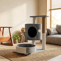Cat Activity Center with House and Hammock, 2-Level Perch featuring Scratching Board, Simple Style Indoor Kitten Play Area for Small Areas