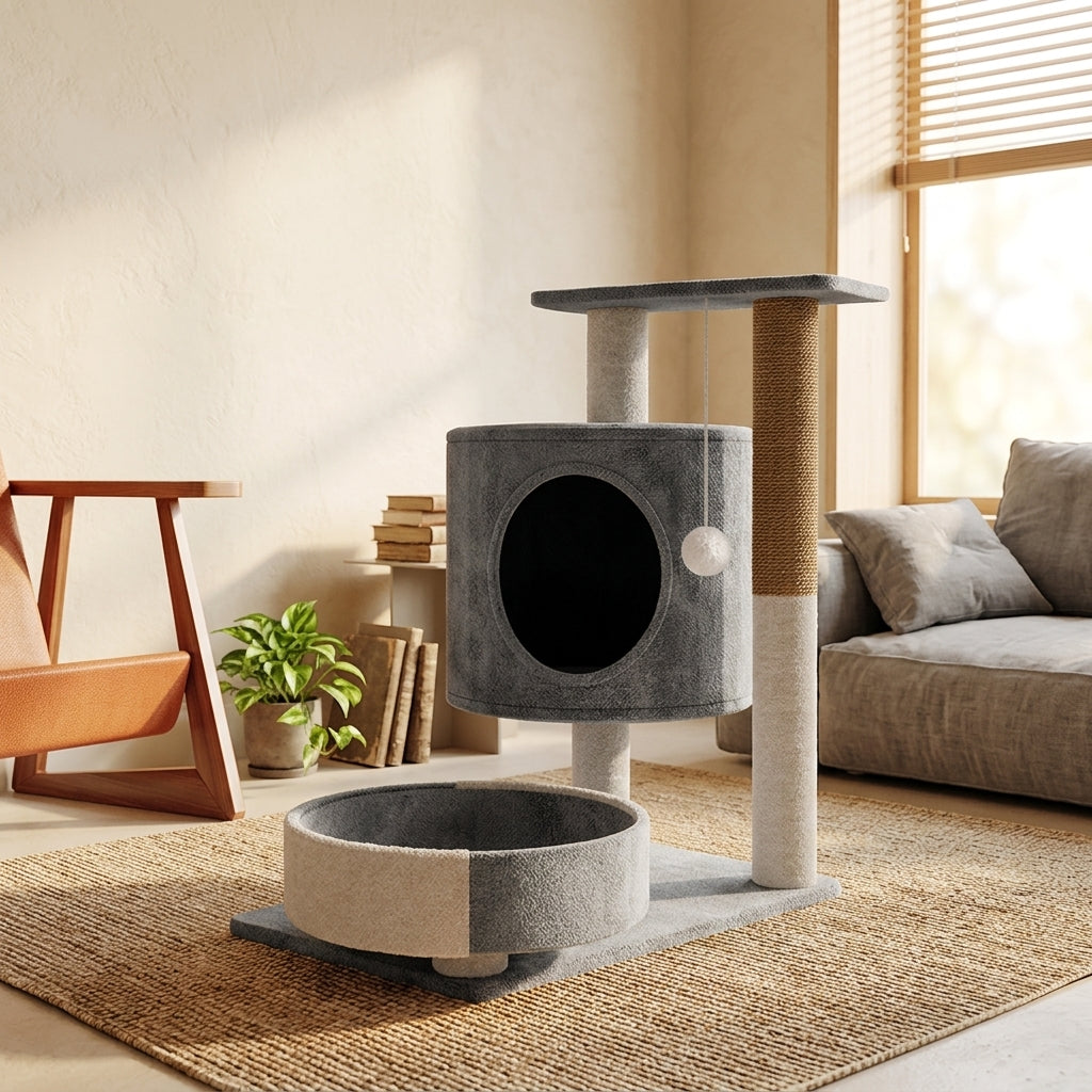 Cat Activity Center with House and Hammock, 2-Level Simple Style Perch featuring Scratching Board, Compact 55cm Height for Indoor Kitten Play