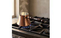 Antique Bronze-Brown Copper Cezve Dimpled Metal Hammered Copper Coffee Pot Wooden Handle Turkish Coffee Pot Flared Top