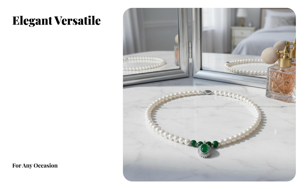 Pearl and Green Stone Necklace Family Day Gift Gemstone Pearl Necklace Elegant Design Neck Jewelry for Moms, Women, Formal Events, Wedding, Party